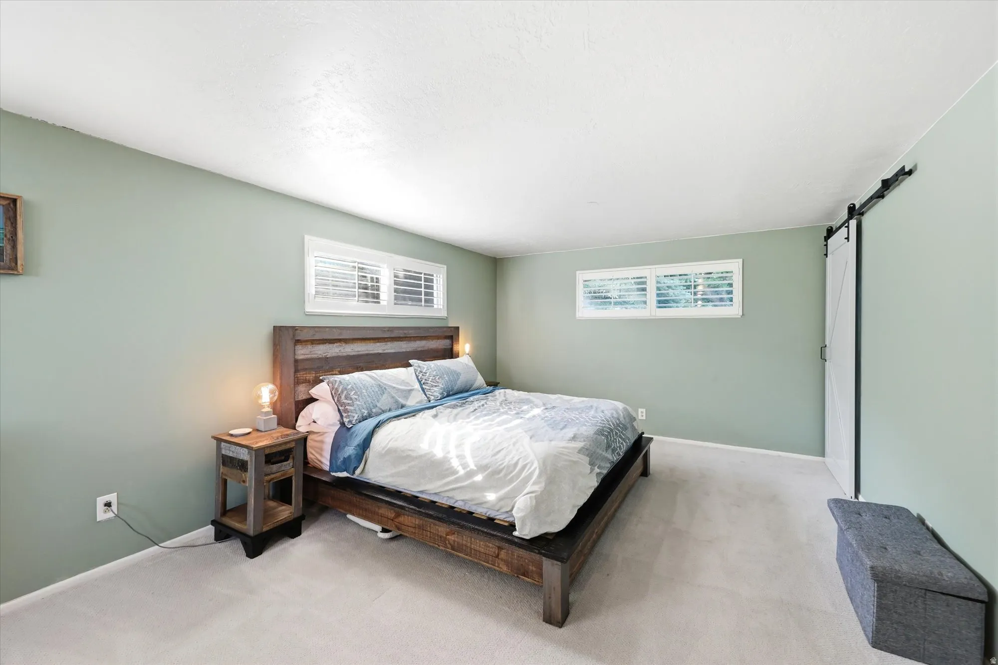 Spacious room with light green walls and plush carpeting