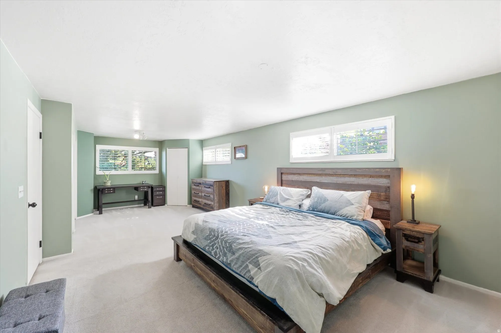 Spacious room featuring light green walls, white trim, light-colored carpeting, multiple windows with blinds, and white doors