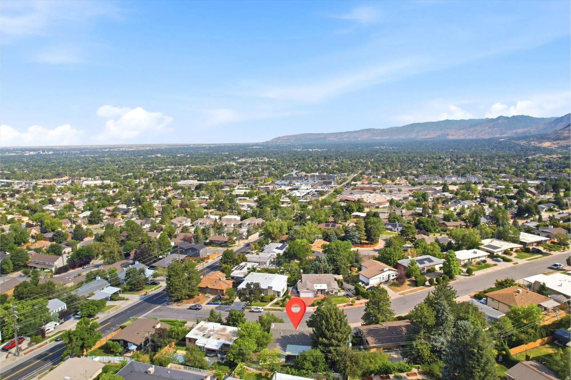 Expansive aerial view of a residential neighborhood with distant mountain backdrop, lush tree canopy, and well-established street grid