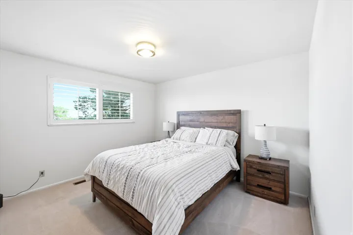 Bedroom featuring a double window with plantation shutters, light-colored carpeting, a contemporary ceiling light fixture, and white painted walls