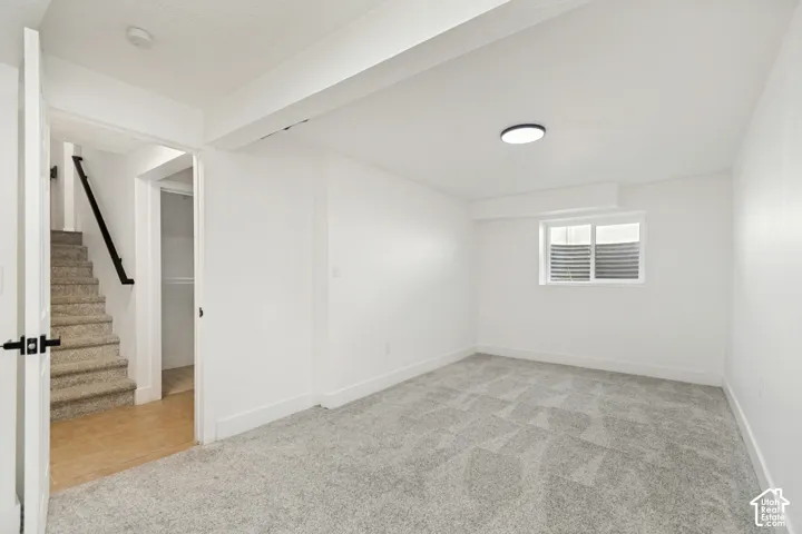 Carpeted room with white walls, a single window, and a flush-mount ceiling light fixture