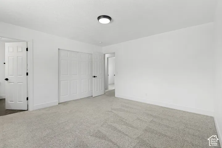 Plush gray carpeting throughout, featuring white paneled bi-fold closet doors, a white paneled interior door with matte black hardware, crisp white walls, and a contemporary flush-mount ceiling light