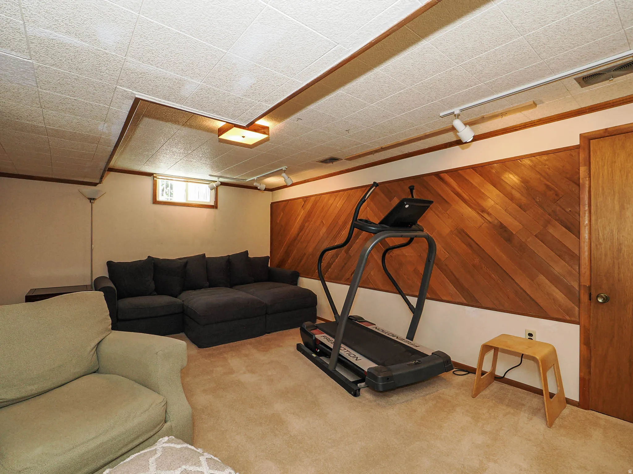Finished basement space featuring carpet flooring and wood paneling on one wall