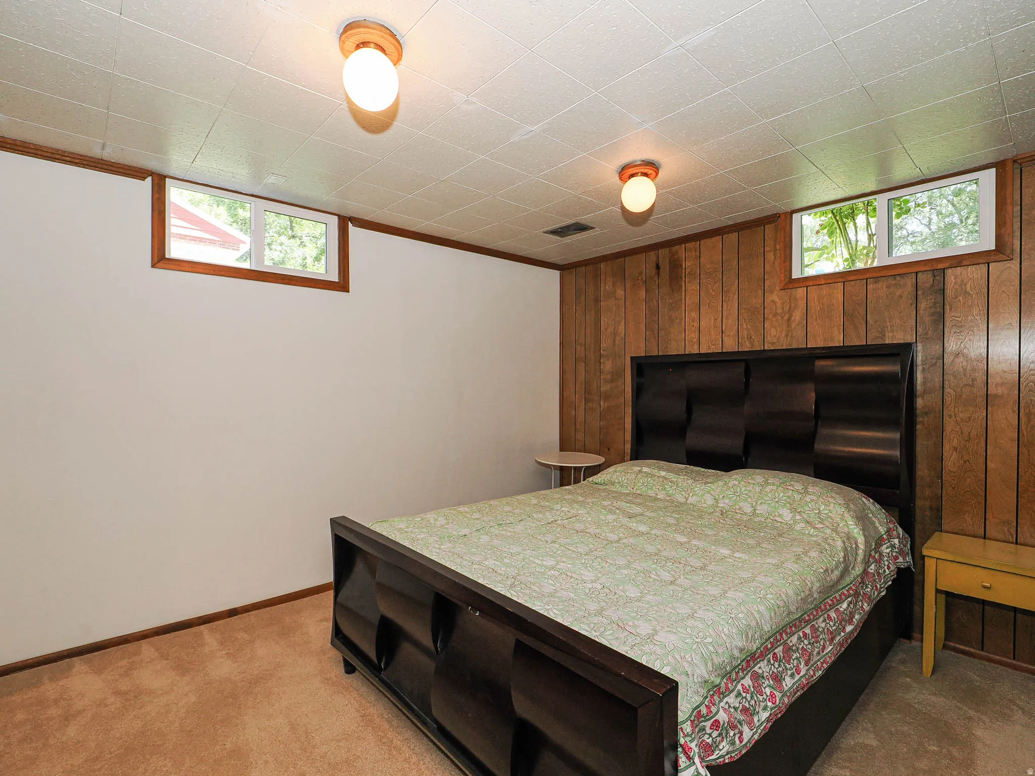 Carpeted room featuring a wood-paneled accent wall, two window openings, and a drop ceiling with two flush-mount light fixtures