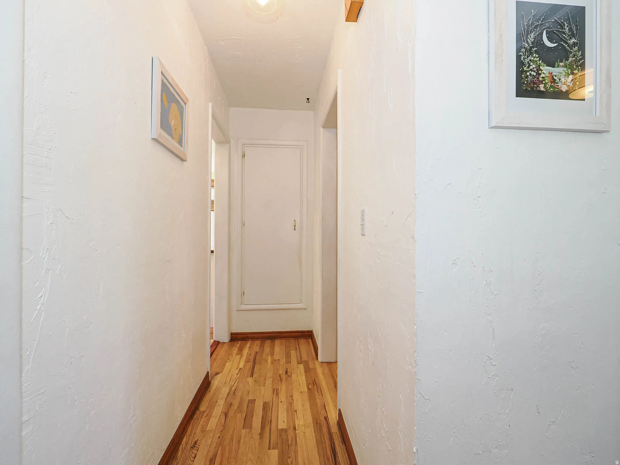 Hallway featuring wood-finish flooring, white walls, and white trim