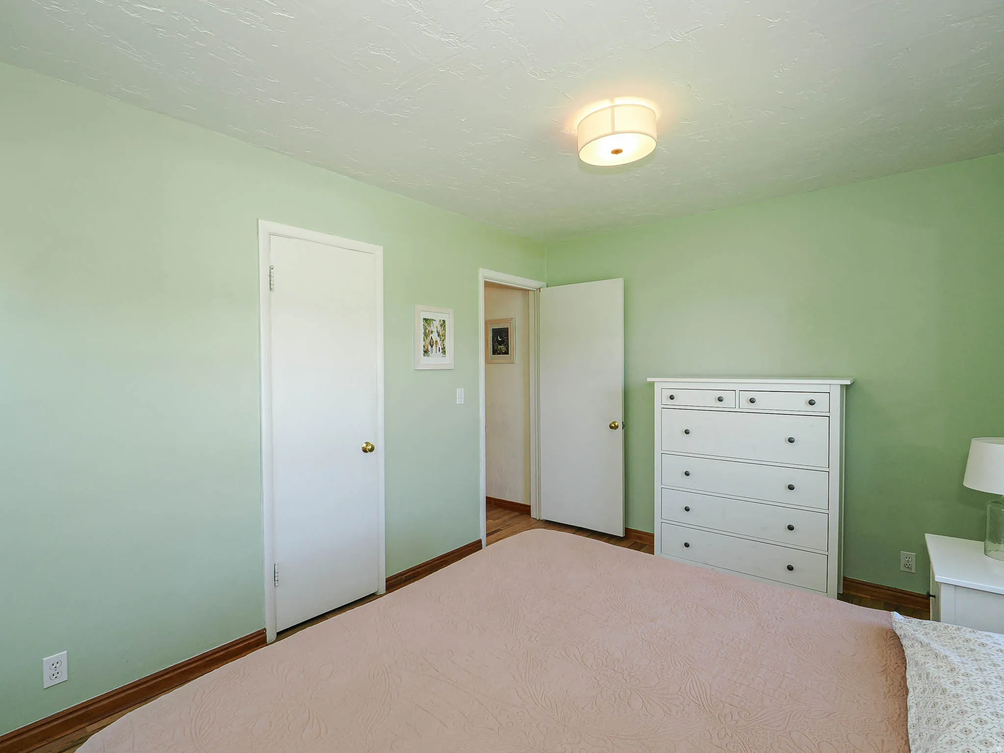 Interior room with light green walls and wood-finish flooring