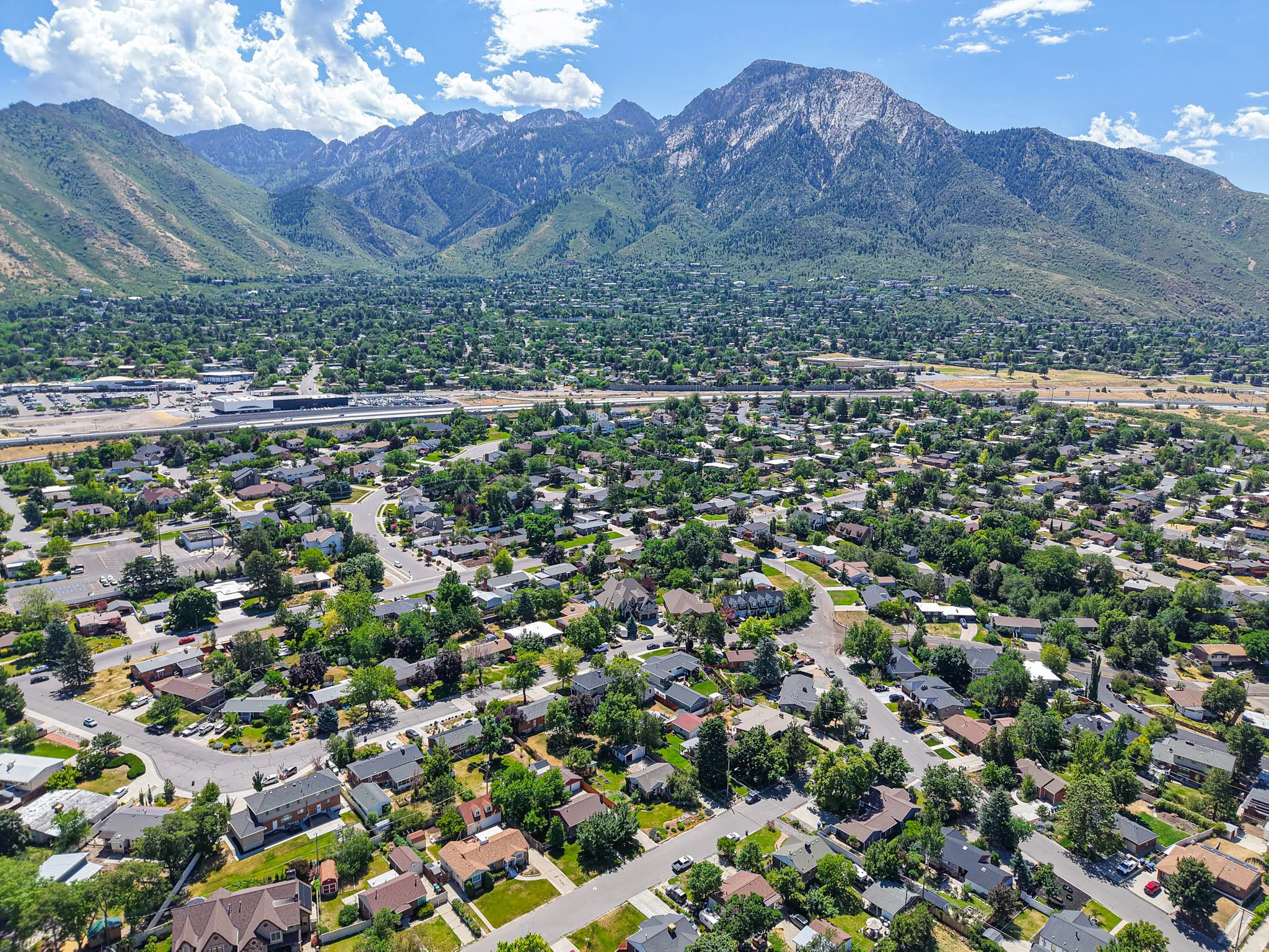 Aerial perspective showcasing a residential area with mature trees and mountain backdrops