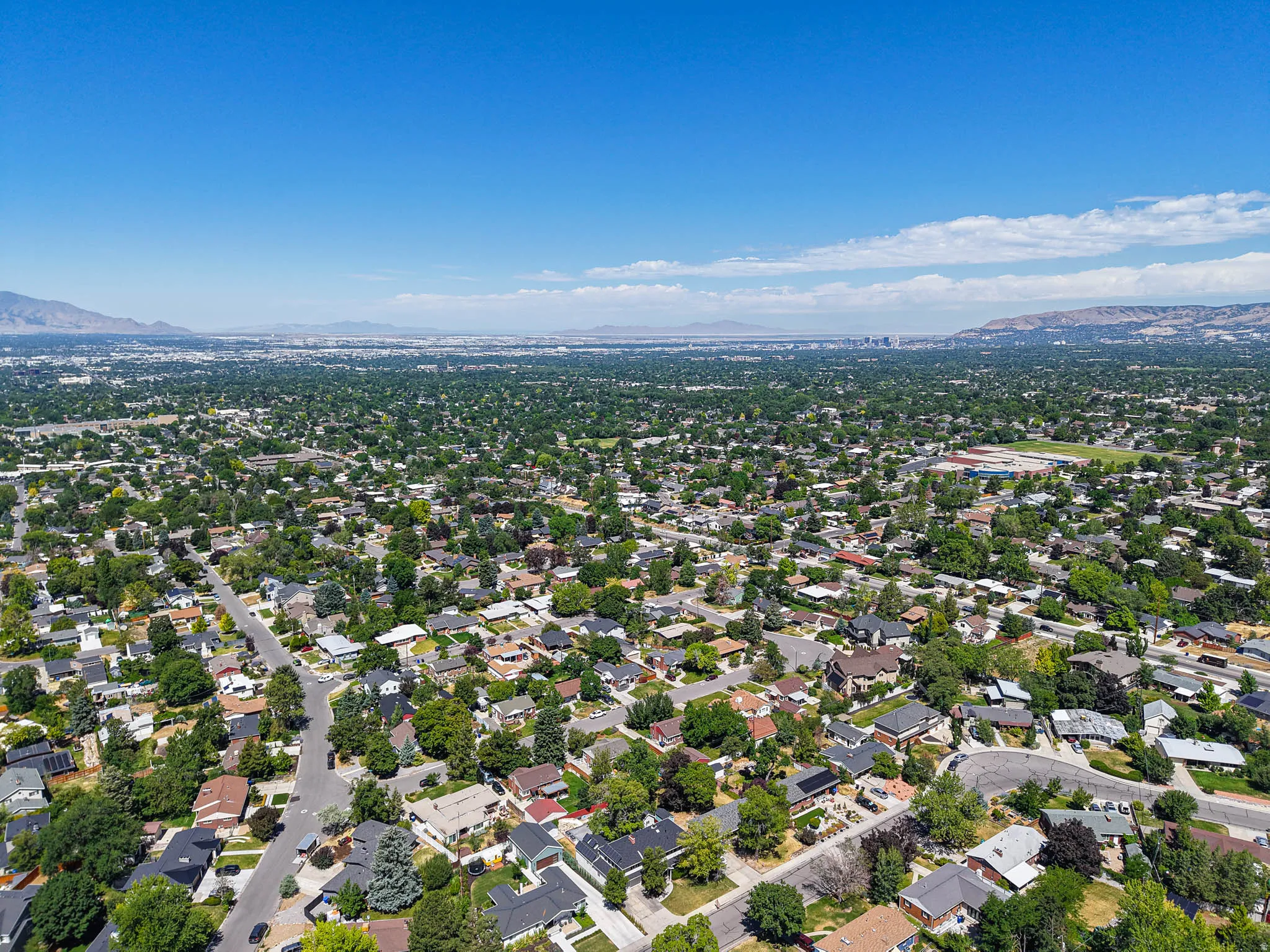 Expansive aerial perspective showcasing a residential area with varied rooflines and extensive tree canopy