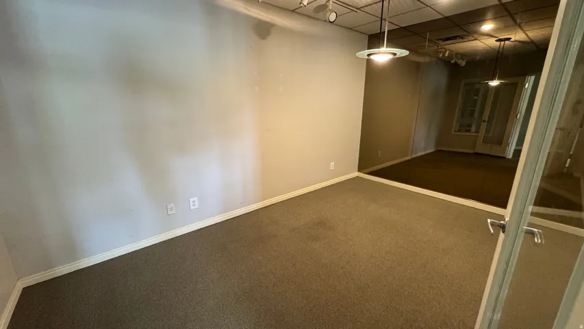 Spacious carpeted room featuring track lighting and pendant fixtures, with clear glass entry doors