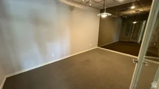 Carpeted interior space featuring neutral walls