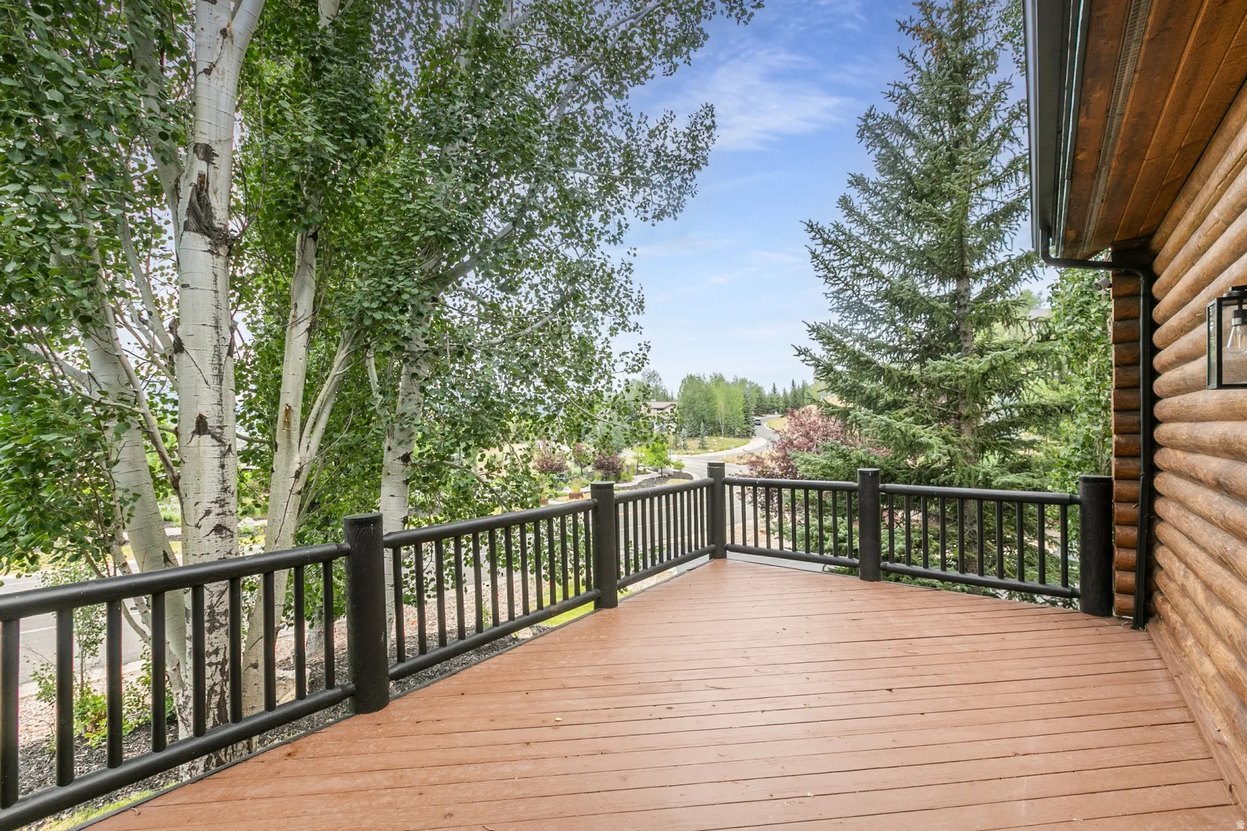 Spacious outdoor deck featuring brown wood-finish flooring and black railings