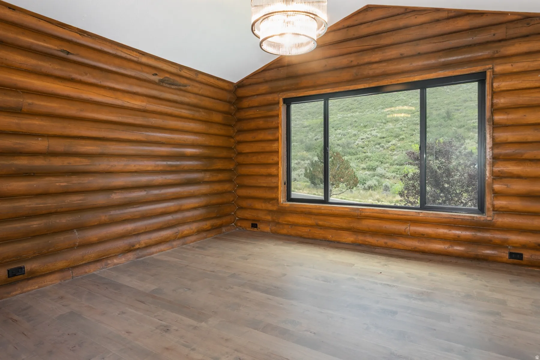 Spacious room featuring log-style walls, wood-finish flooring, and a large picture window with a natural landscape