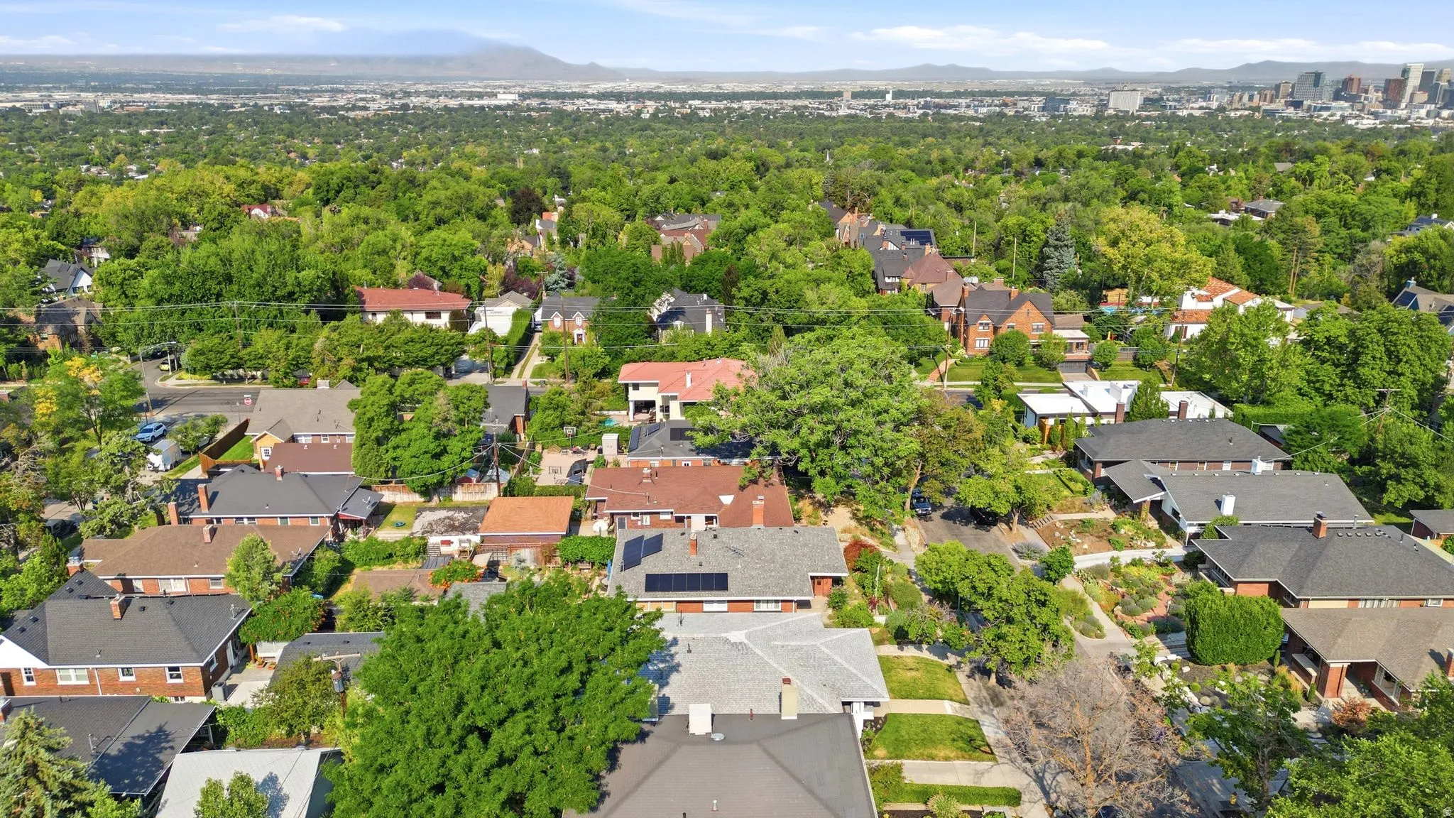 Aerial perspective showcasing a residential area with mature tree coverage