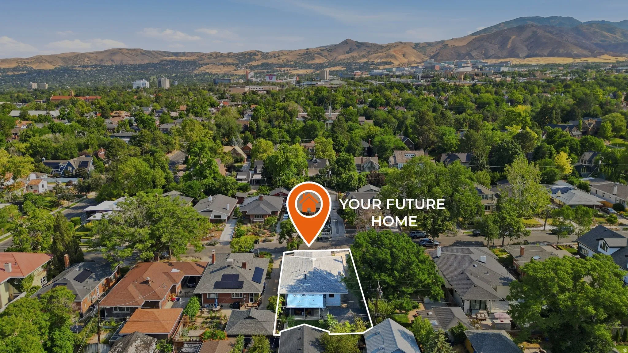 Aerial perspective of a verdant neighborhood with a mountain backdrop