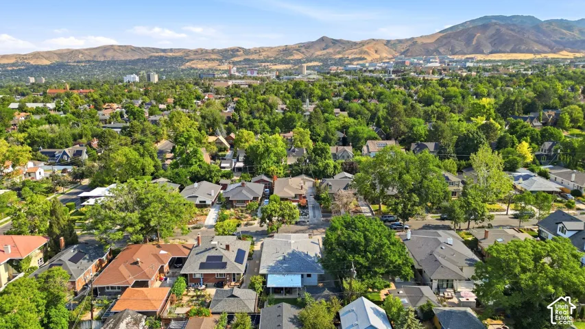 Residential neighborhood featuring mature trees and a distant mountain range