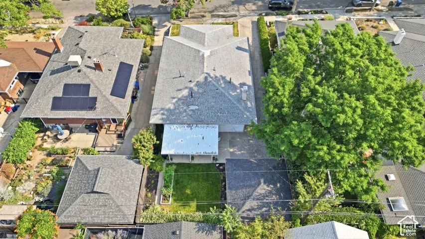 Aerial perspective of home and back yard.