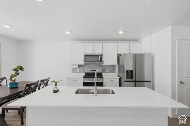 Kitchen featuring a large island with an undermount sink, white cabinetry, stainless steel appliances, and a tiled backsplash
