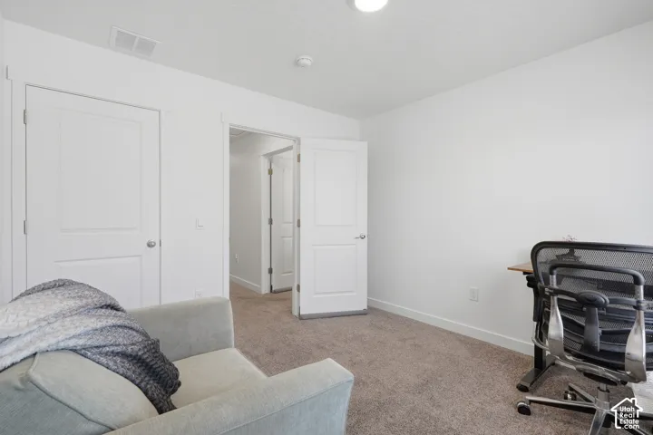 Spacious room featuring neutral carpet flooring, white walls, and bright overhead lighting
