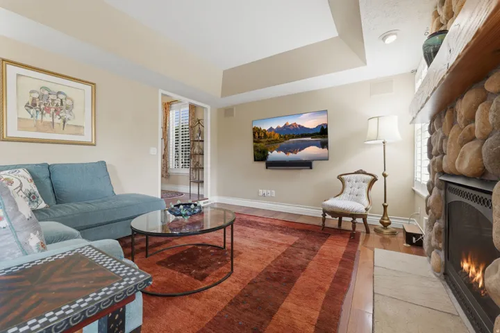 Living area featuring a stone-clad fireplace with a wood mantel, wood-finish flooring, and a tray ceiling