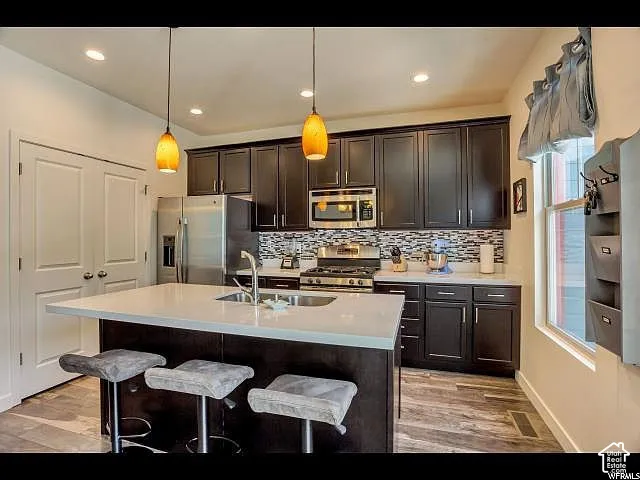 Kitchen featuring dark wood cabinetry, stainless steel appliances, a white quartz island with a built-in sink, pendant lighting, and wood-finish flooring
