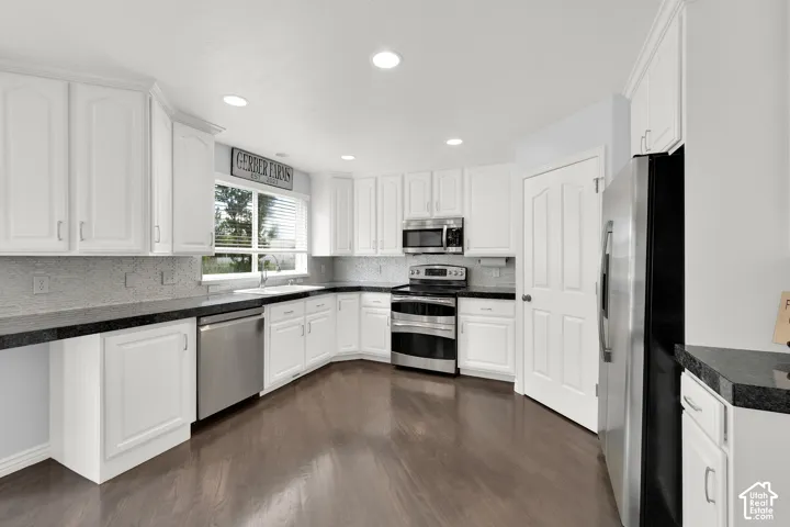 Spacious kitchen featuring white cabinetry, dark countertops, a tile backsplash, stainless steel appliances, and wood-finish flooring