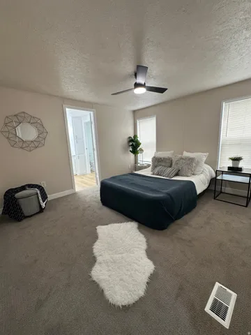 Carpeted room featuring a ceiling fan with integrated lighting, two windows with horizontal blinds, and a doorway revealing wood-finish flooring in an adjacent space