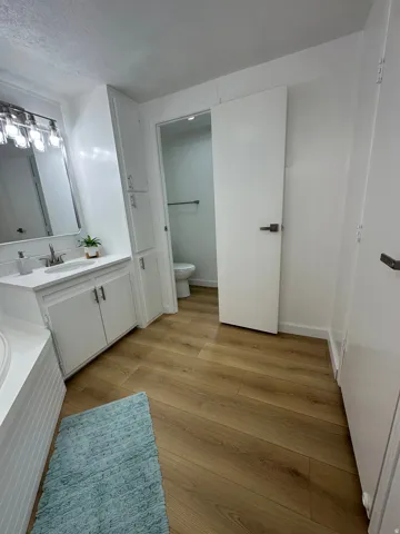 Bathroom featuring wood-finish flooring, a white vanity with an integrated sink, and an overhead vanity light fixture