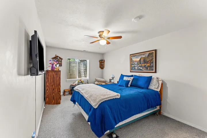 Carpeted bedroom featuring a window with horizontal blinds, a ceiling fan with light fixture, and a neutral wall color