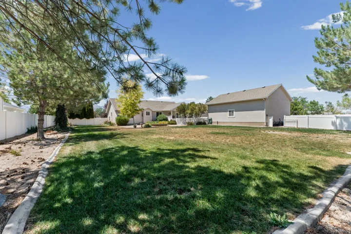 Expansive backyard featuring a large lawn area, perimeter fencing, and mature trees