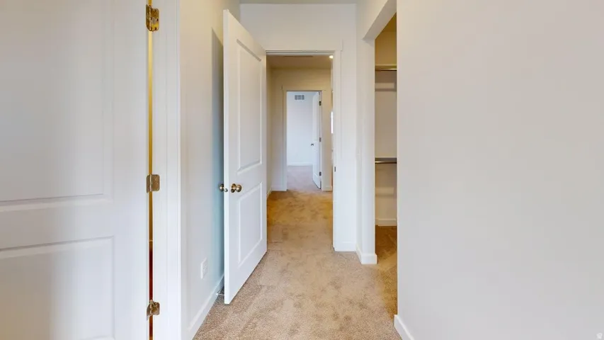 Hallway featuring neutral-toned carpeting, white interior doors with gold-tone hardware, and a closet with shelving and hanging rods