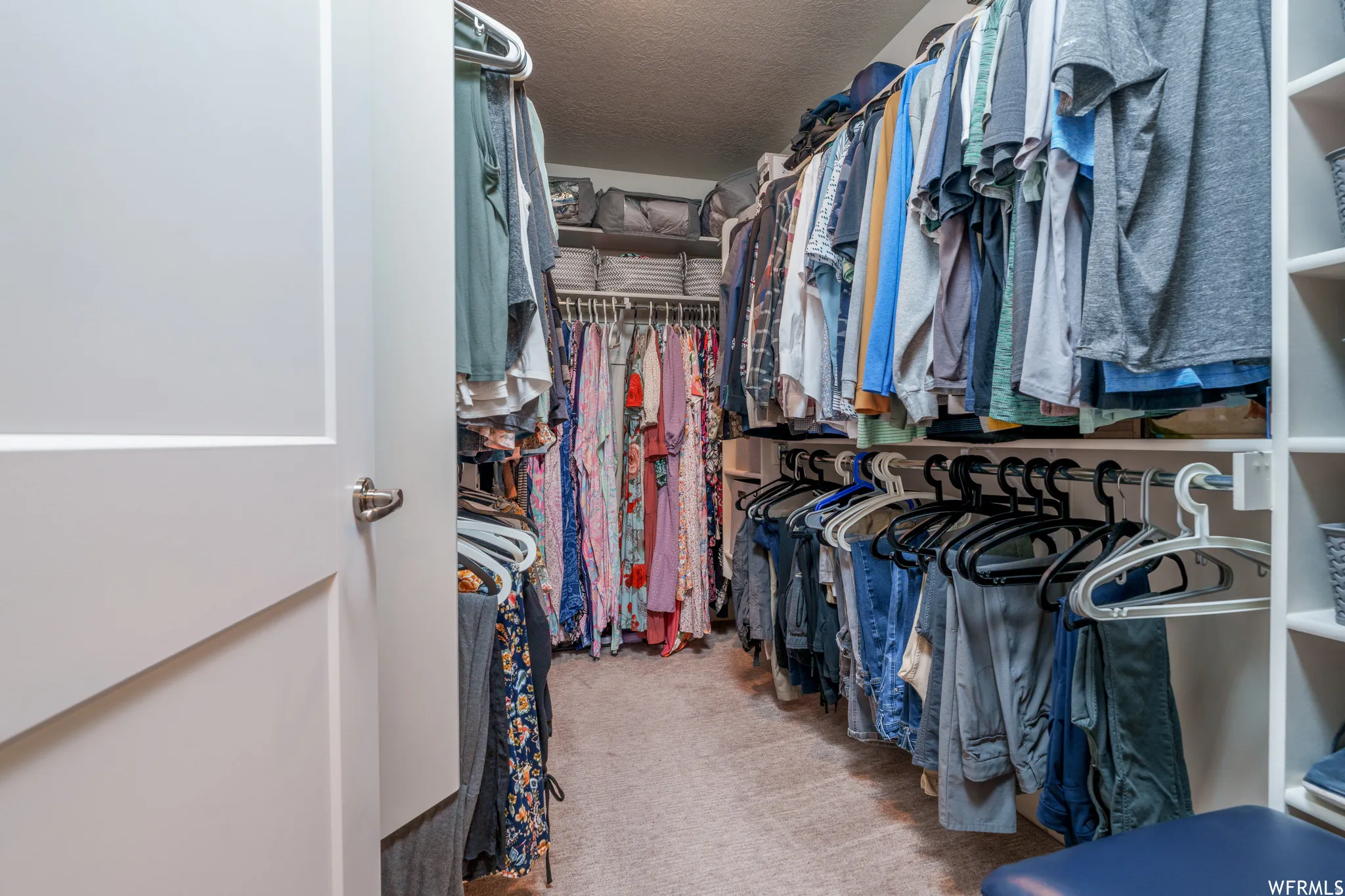 Walk-in closet featuring extensive built-in shelving, multiple hanging rods, and light-toned carpet flooring