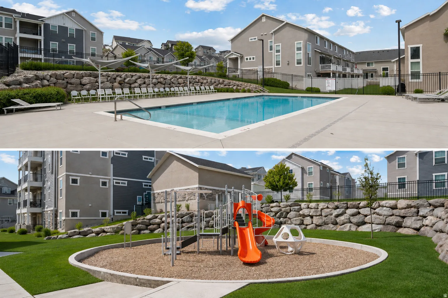 Property Amenities. Depicting a swimming pool and a recreational ground with equipment