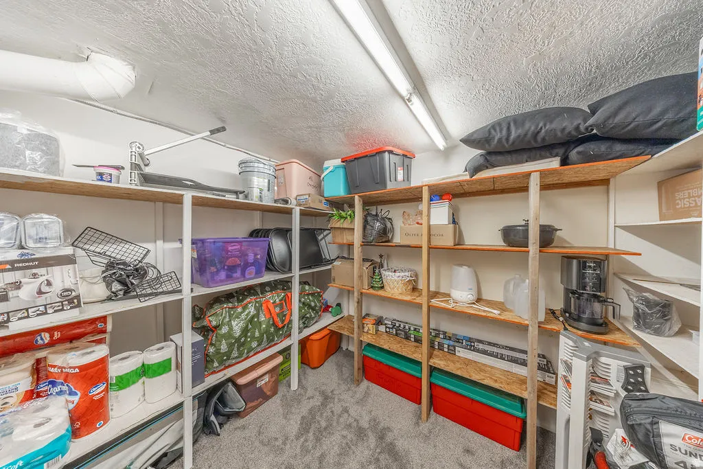 Dedicated storage area featuring built-in shelving, overhead fluorescent lighting, and a textured ceiling finish