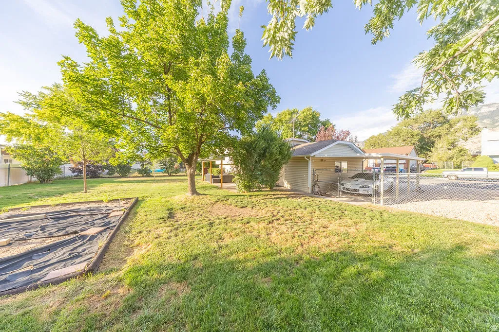 Expansive backyard featuring a large green lawn, mature trees, and a dedicated garden plot