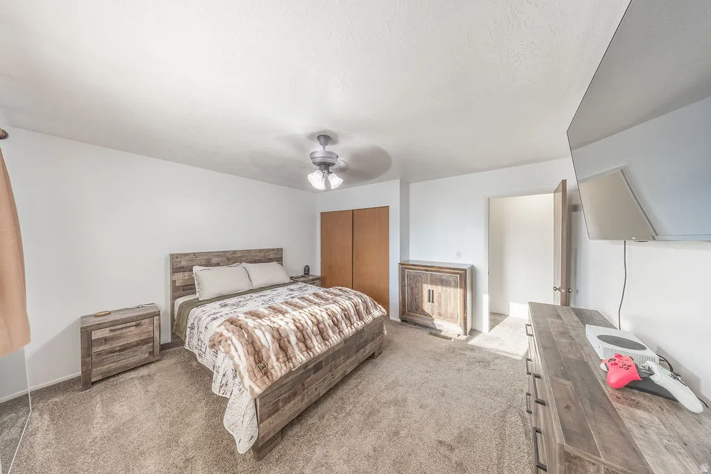 Carpeted bedroom with a built-in closet featuring wood-finish doors