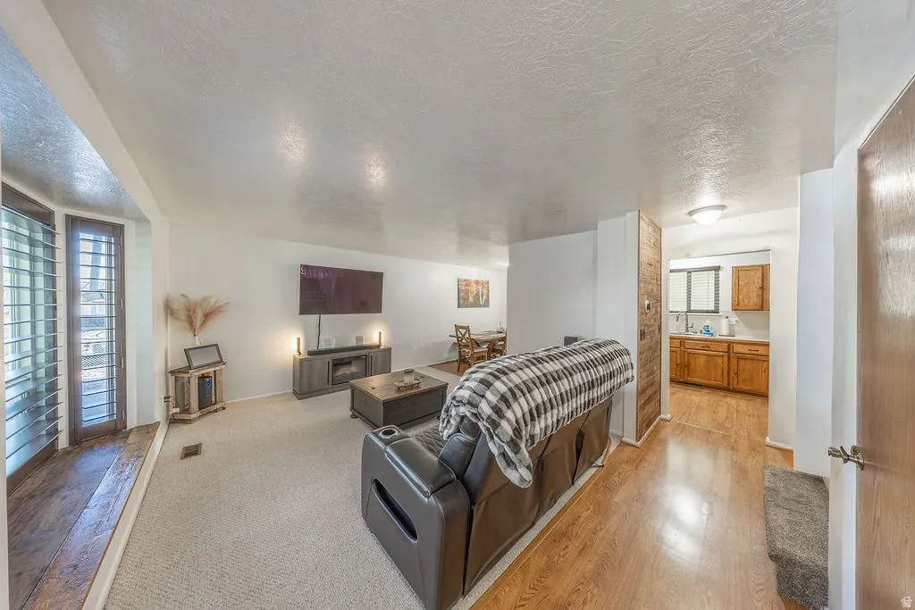 Spacious living area featuring light-toned carpeting and wood-finish flooring