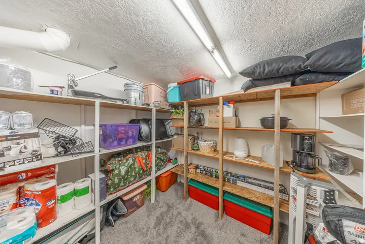 Dedicated storage area featuring built-in shelving, overhead fluorescent lighting, and a textured ceiling finish
