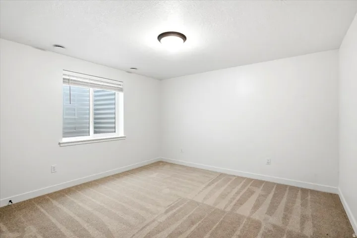 Carpeted room featuring a single window with blinds, white walls, and a ceiling-mounted light fixture