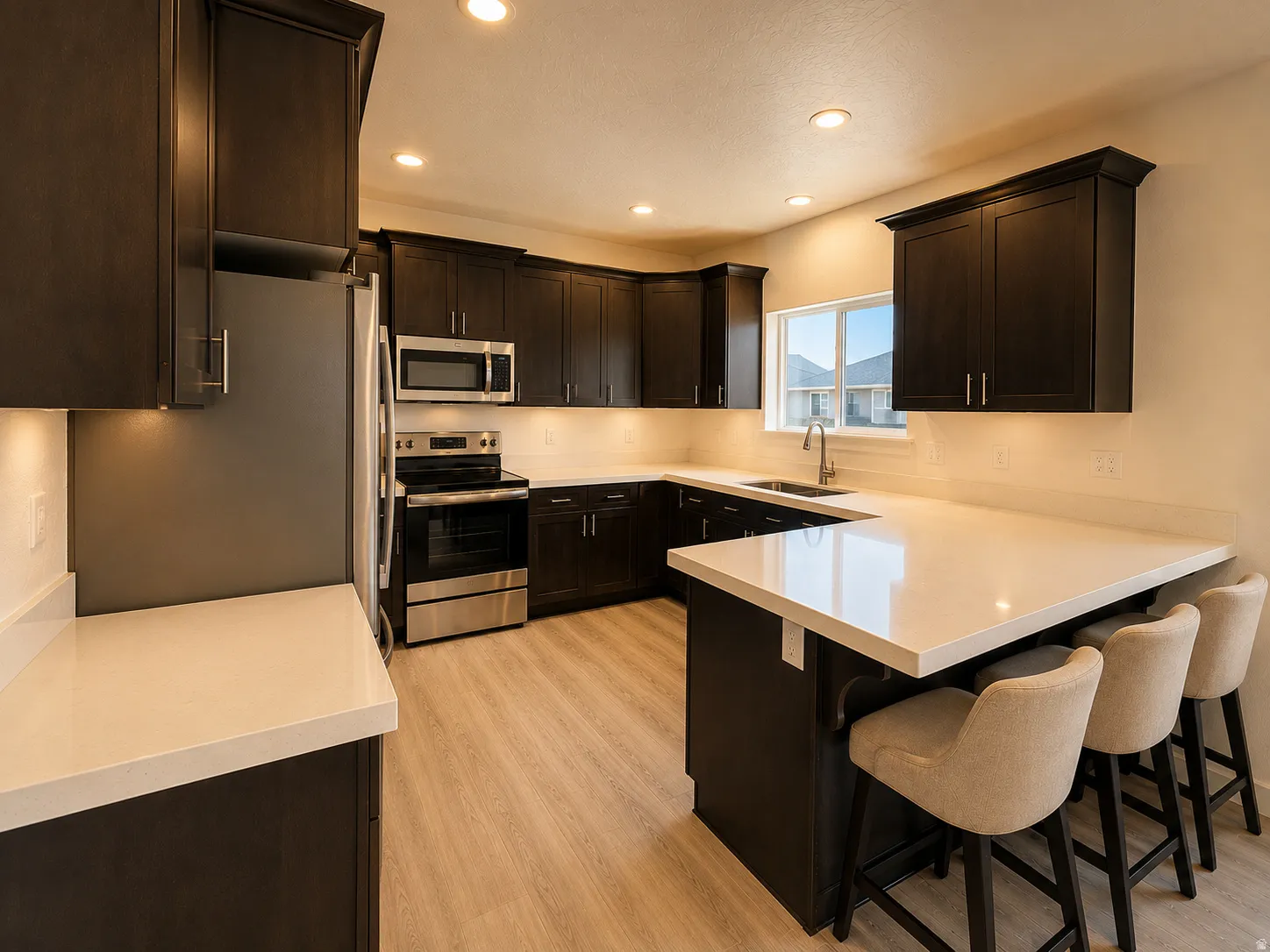 Kitchen featuring dark wood-finish cabinetry and light-toned countertops