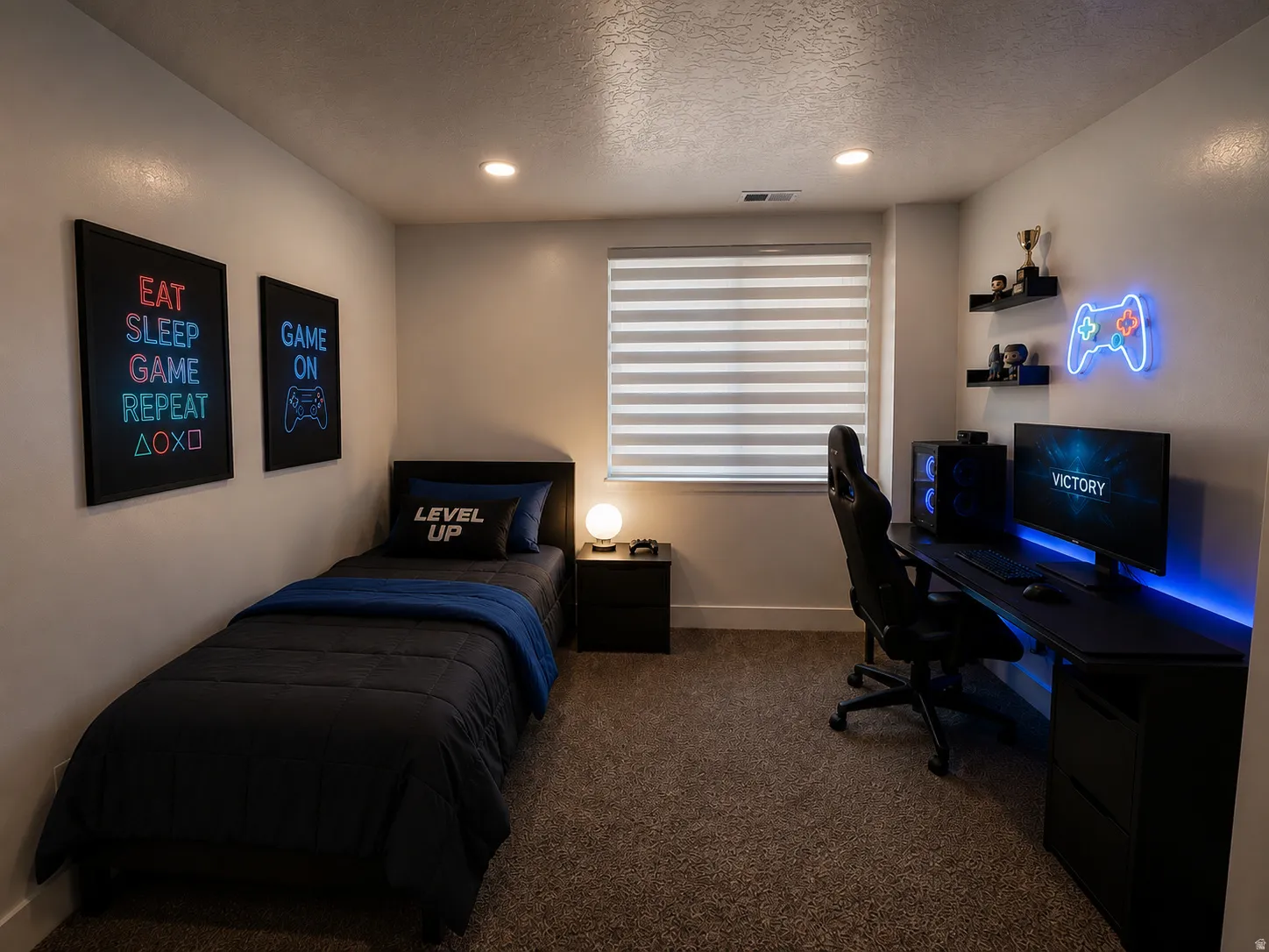 Carpeted room featuring a window with horizontal blinds, recessed lighting, and a built-in desk with shelving