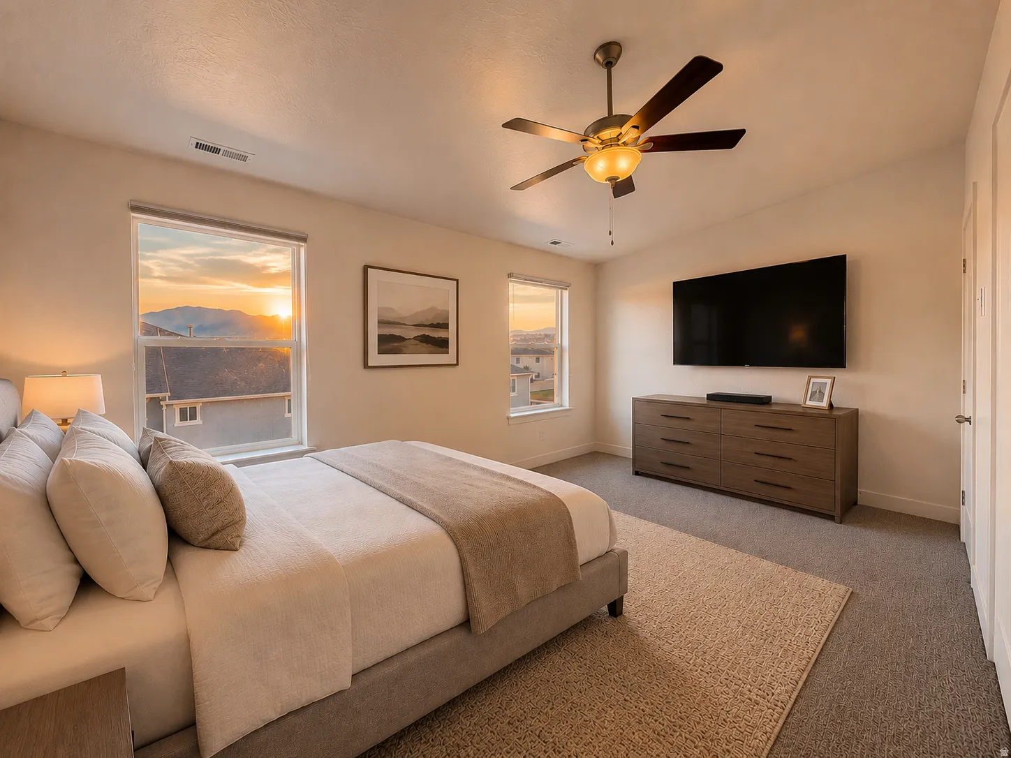 Spacious bedroom featuring dual windows, vaulted ceiling, and a ceiling fan with integrated lighting