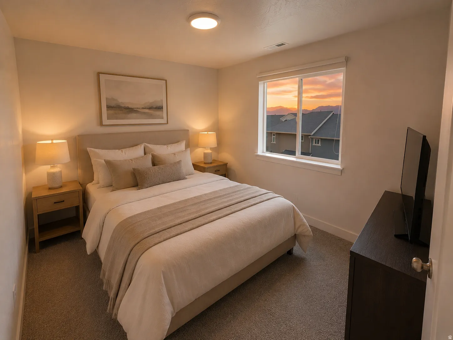 Carpeted bedroom with a single window, a light-colored headboard, and two built-in ceiling lights