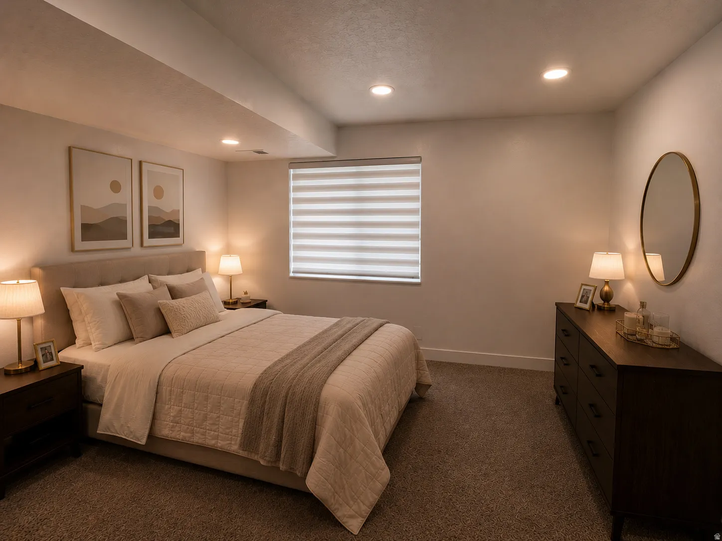 Recessed lighting illuminates an interior space featuring a window with integrated blinds