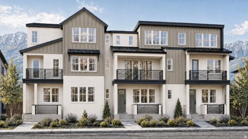 Modern townhome-style residences featuring multi-level facades with balconies, board and batten accents, and contemporary railing details