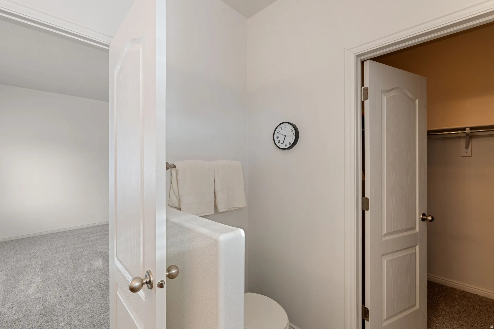 White paneled interior doors with brushed nickel hardware, light-toned wall paint, and grey carpeting