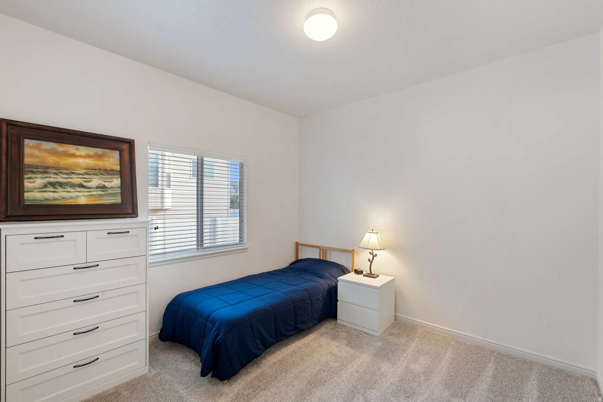 Neutral wall paint with textured carpet flooring