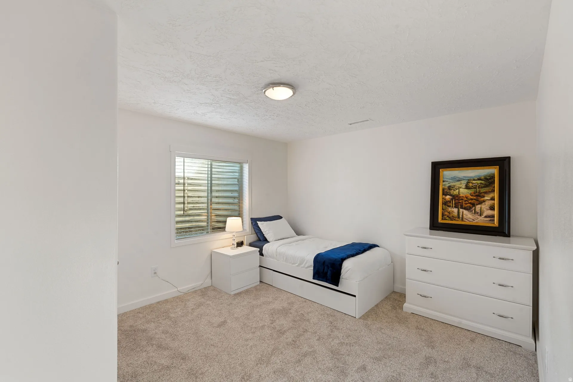 Bright room featuring a window with horizontal blinds, neutral-toned carpeting, and white painted walls