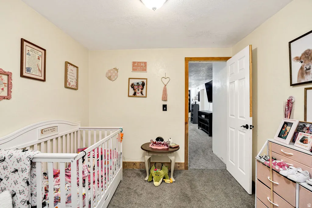 Room featuring light-colored walls and grey carpet flooring
