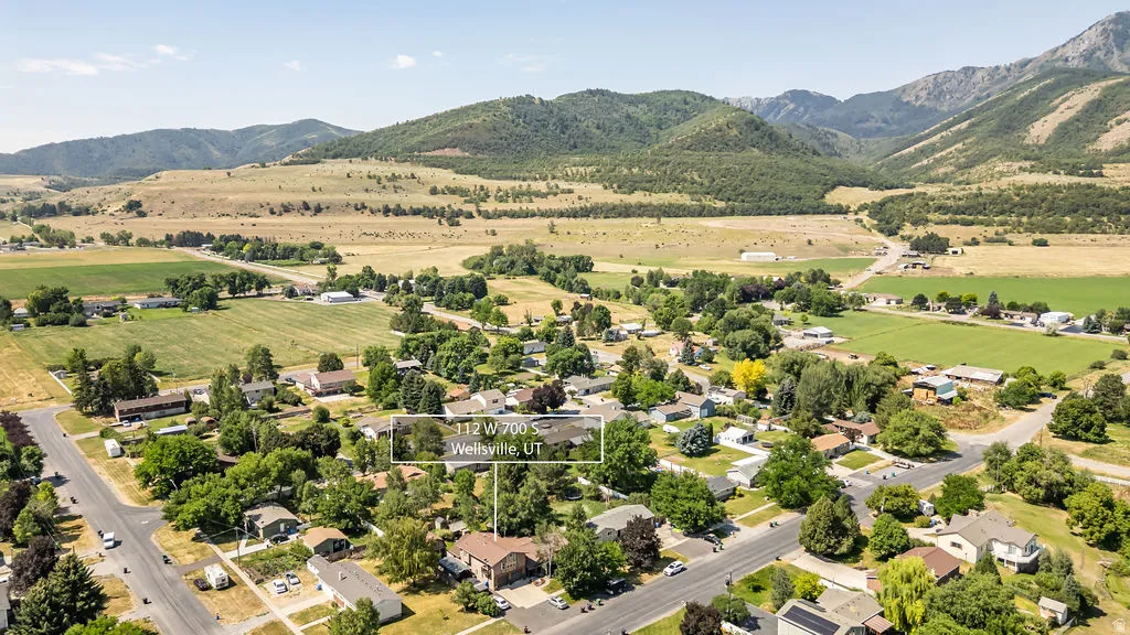 Aerial perspective showcasing a residential neighborhood with established trees, framed by distant mountains and open fields