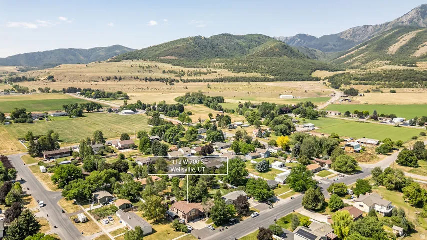 Aerial perspective showcasing a residential neighborhood with established trees, framed by distant mountains and open fields